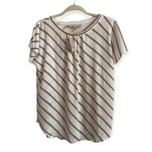 NWT LOFT Petite Small Diagonal Stripe Short Sleeve Blouse White Red Grey Top